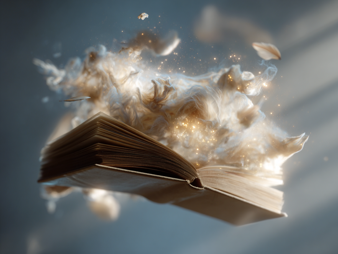 a book evaporating into a perfume