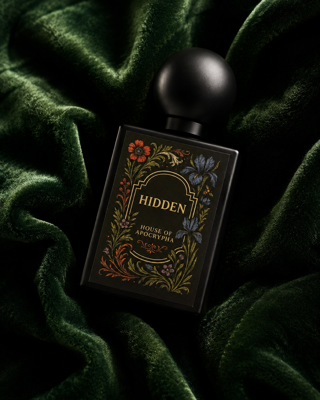 Hidden bottle resting on deep green silk velvet