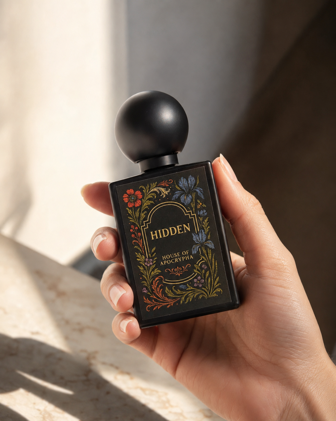 Hidden bottle held in a hand, showing its scale and the gold-illustrated label