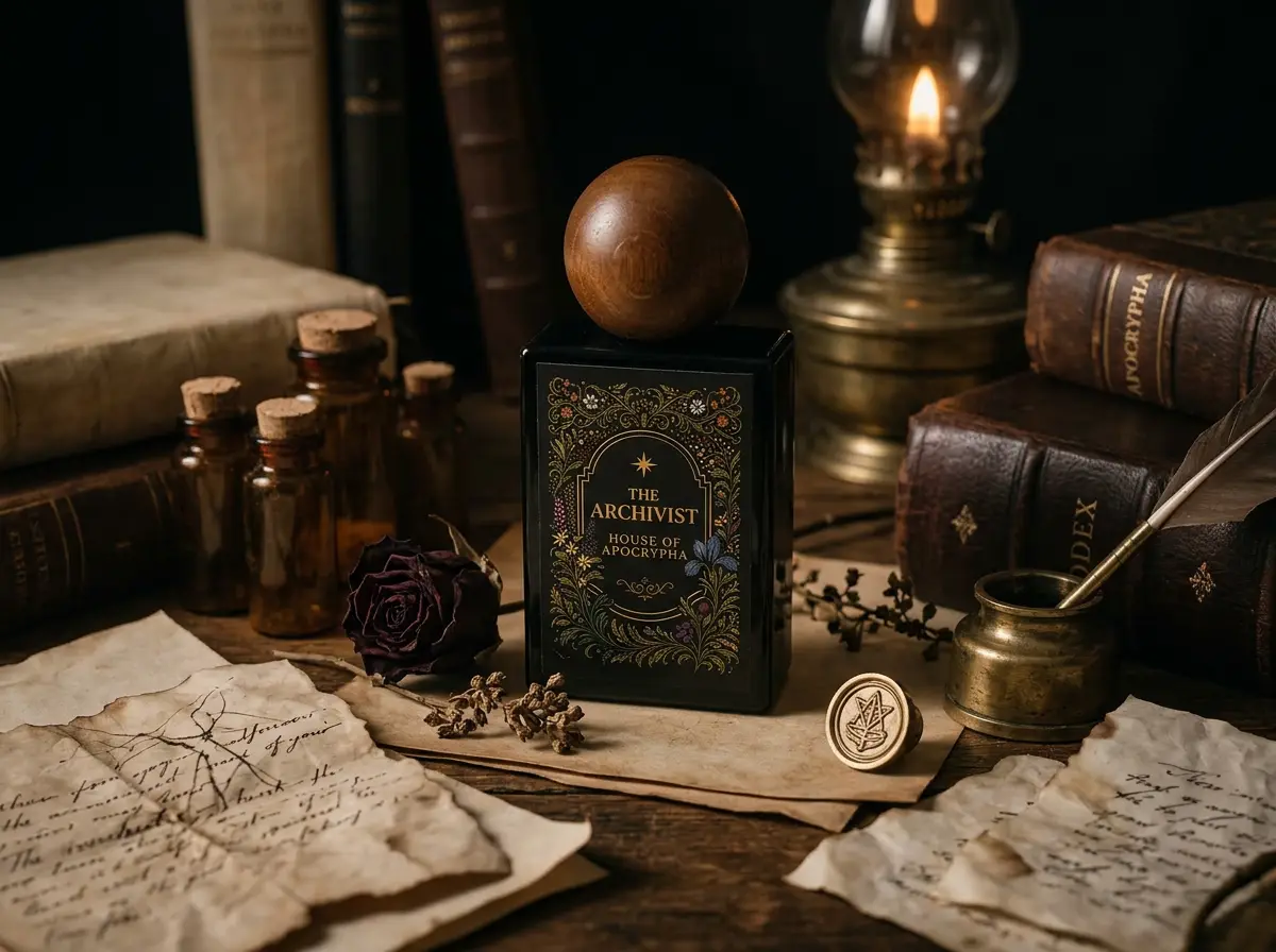 The Archivist bottle with its distinctive brown wood cap among papers and lamp light — Bottle portrait · wood cap on