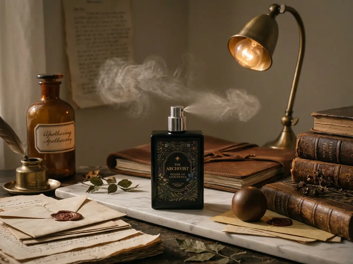 The Archivist bottle with silver atomizer exposed, wood cap resting nearby, fragrance mist in warm study light — Bottle study · silver atomizer in use
