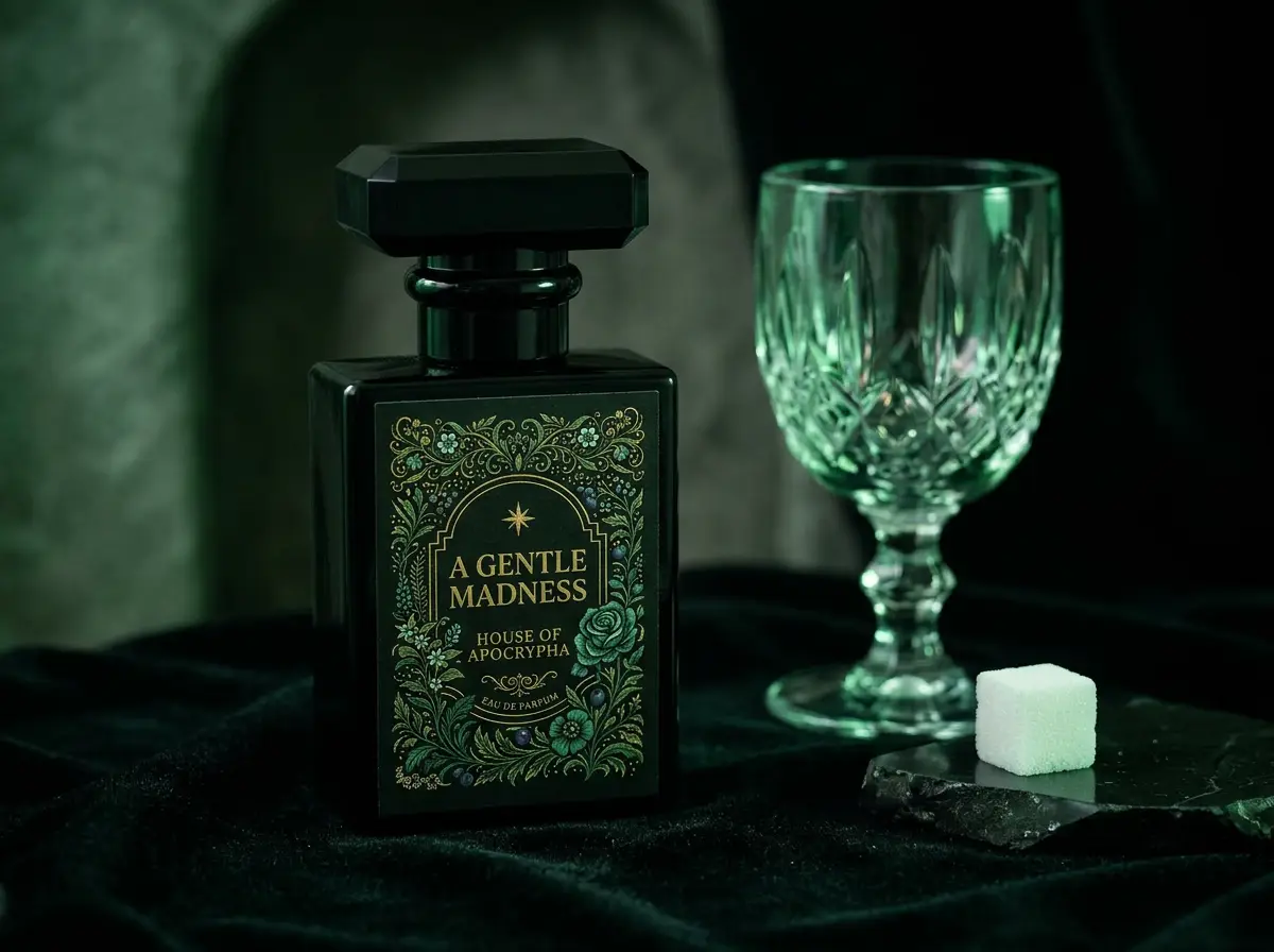 A Gentle Madness bottle with black cap beside green crystal and sugar cube — Bottle portrait · cap on