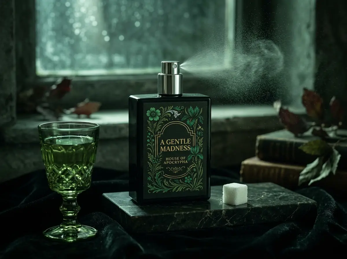 A Gentle Madness bottle with silver atomizer exposed, green-lit mist and sugar cube nearby — Bottle study · silver atomizer in use