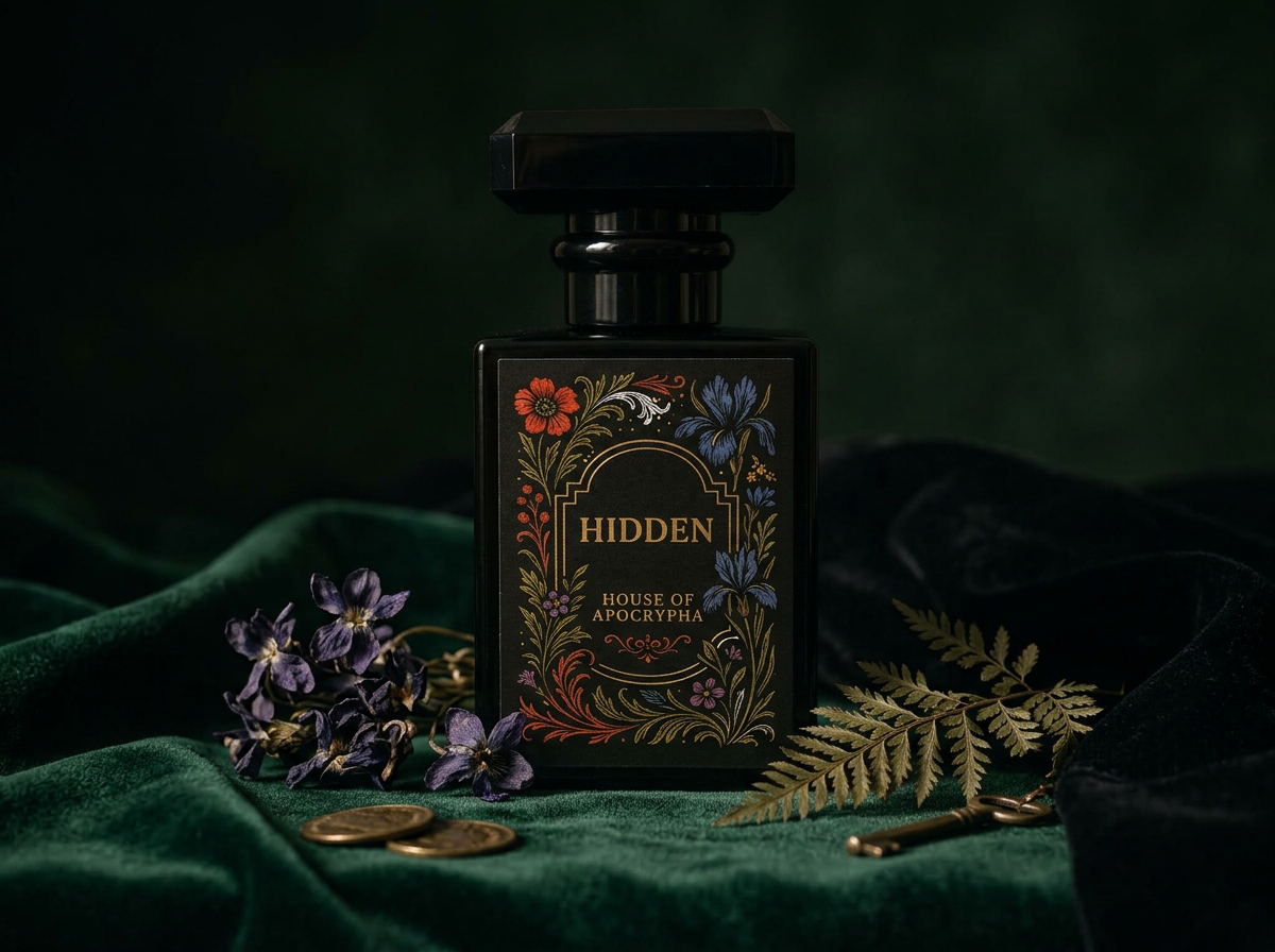 Hidden bottle with black cap on emerald velvet with violets and fern — Bottle portrait · cap on