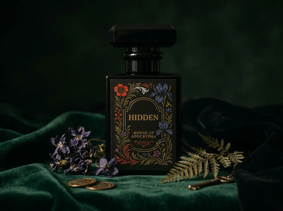 Hidden bottle with black cap on emerald velvet with violets and fern — Bottle portrait · cap on