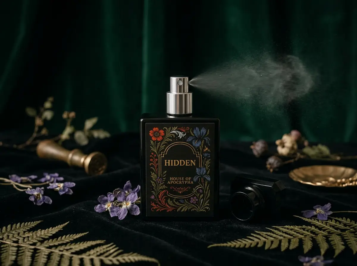 Hidden bottle with silver atomizer exposed and a fine mist drifting across black velvet — Bottle study · silver atomizer in use