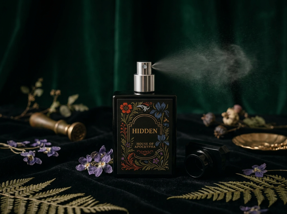 Hidden bottle with silver atomizer exposed and a fine mist drifting across black velvet — Bottle study · silver atomizer in use