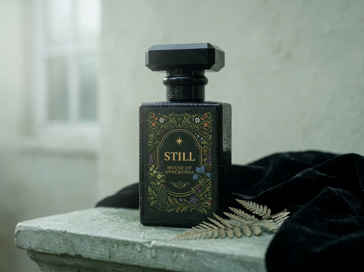 The Still bottle with black cap in a cool misted stone scene — Bottle portrait · cap on