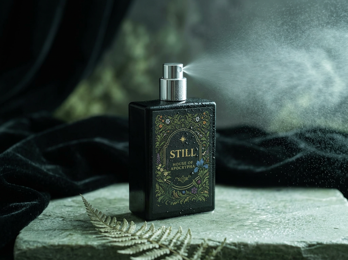 The Still bottle with silver atomizer exposed, cool mist drifting in pale green light — Bottle study · silver atomizer in use