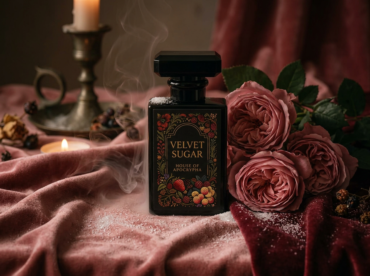 Velvet Sugar bottle with black cap among roses, velvet and candlelight — Bottle portrait · cap on