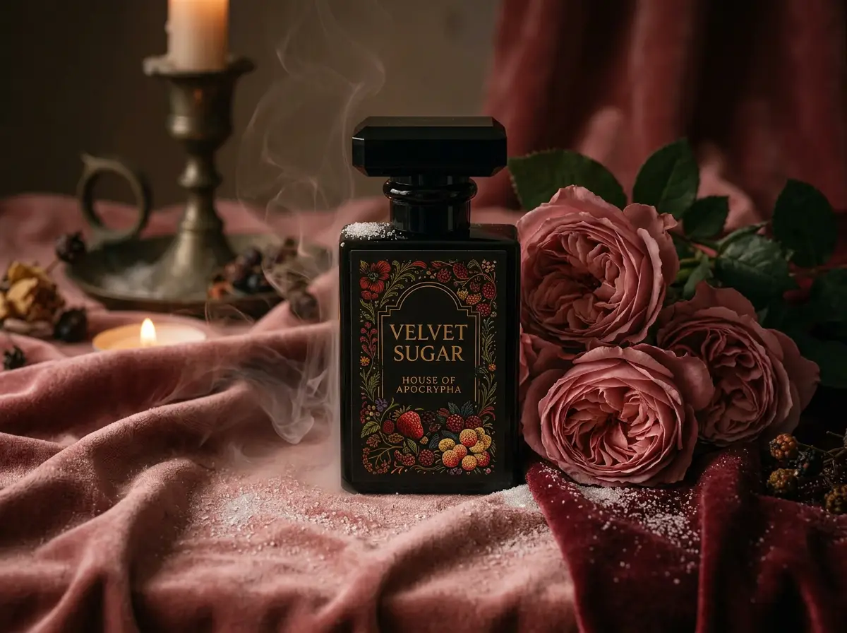 Velvet Sugar bottle with black cap among roses, velvet and candlelight — Bottle portrait · cap on