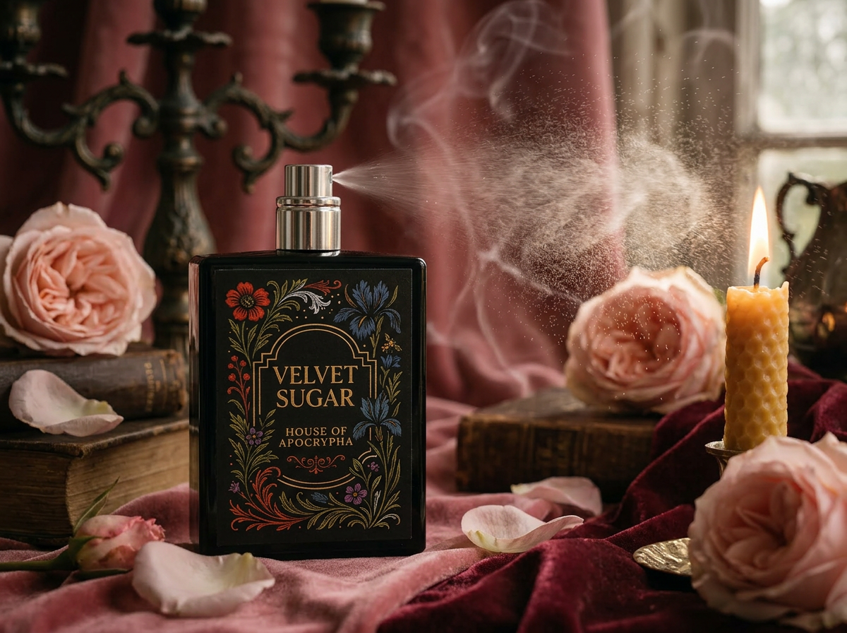 Velvet Sugar bottle with silver atomizer exposed, fragrance mist catching warm light — Bottle study · silver atomizer in use