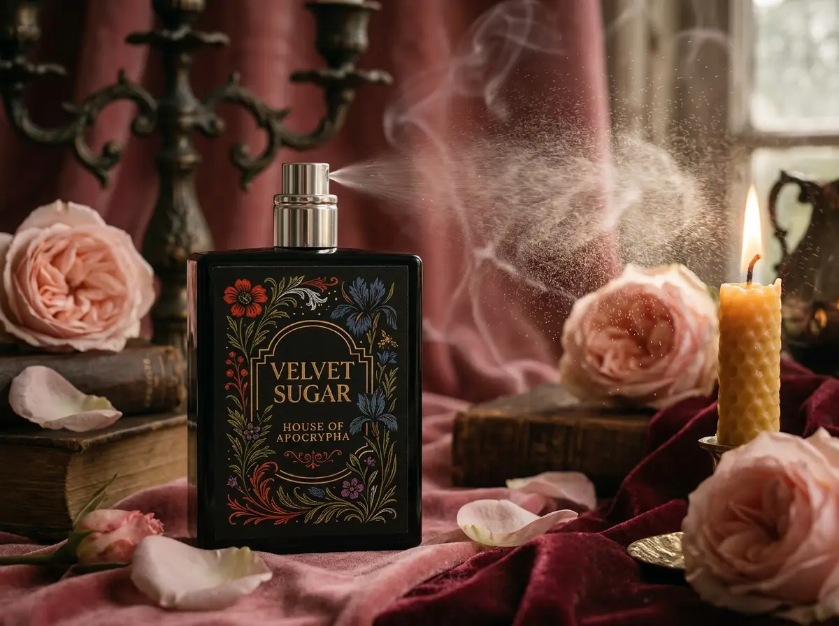 Velvet Sugar bottle with silver atomizer exposed, fragrance mist catching warm light — Bottle study · silver atomizer in use
