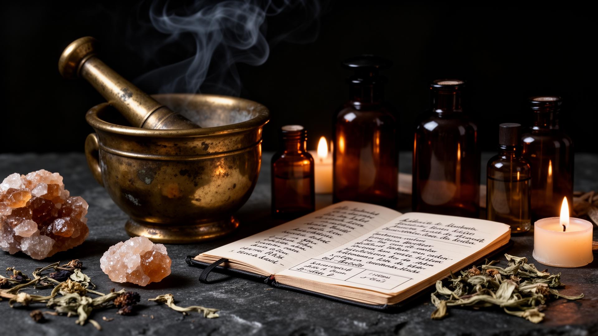 A tarnished brass mortar, amber bottles, an open formula notebook, resins and dried botanicals on dark stone
